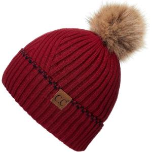 imageCC Exclusives Geometric Cable Beanie Hat with Faux Fur Pom HAT2298HAT7011HAT2213YJ920Accent Cuffburgundy