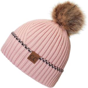 imageCC Exclusives Geometric Cable Beanie Hat with Faux Fur Pom HAT2298HAT7011HAT2213YJ920Accent Cuffindi Pink