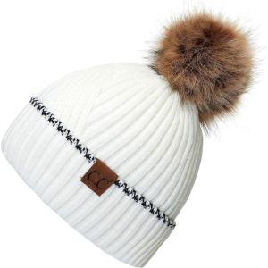 imageCC Exclusives Geometric Cable Beanie Hat with Faux Fur Pom HAT2298HAT7011HAT2213YJ920Accent Cuffivory