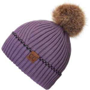 imageCC Exclusives Geometric Cable Beanie Hat with Faux Fur Pom HAT2298HAT7011HAT2213YJ920Accent Cuffviolet