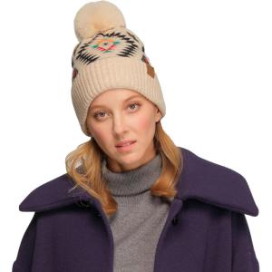 imageCC Exclusives Plush Yarn Pom Beanie hat with Daisy Pattern HAT2093HAT3001HAT4005HAT4009HAT4023Aztecbeige