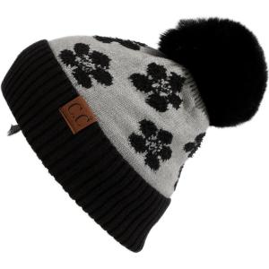 imageCC Exclusives Plush Yarn Pom Beanie hat with Daisy Pattern HAT2093HAT3001HAT4005HAT4009HAT4023Daisyblack