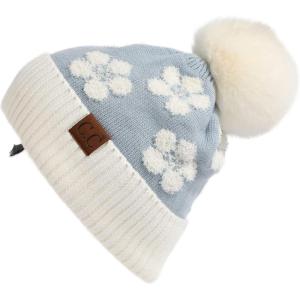 imageCC Exclusives Plush Yarn Pom Beanie hat with Daisy Pattern HAT2093HAT3001HAT4005HAT4009HAT4023Daisyblue