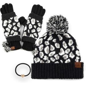 imageCC Exclusives Soft Beanie hat with Leopard Pattern and Fur PomHAT7001SF7001A Gift Setblack
