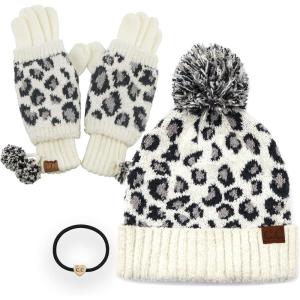 imageCC Exclusives Soft Beanie hat with Leopard Pattern and Fur PomHAT7001SF7001A Gift Setivory