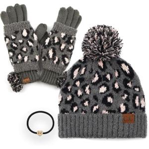 imageCC Exclusives Soft Beanie hat with Leopard Pattern and Fur PomHAT7001SF7001A Gift Setlt Mel Grey