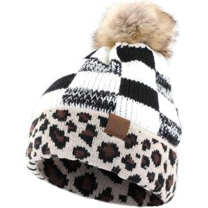 imageCC Exclusives Soft Beanie hat with Leopard Pattern and Fur PomHAT7001SF7001Leopard Black White Plaid