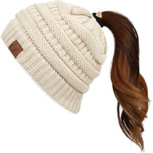 imageCC Exclusives Soft Stretch Cable Knit Messy Bun Ponytail Beanie Winter Hat for Women MB20A Beige1