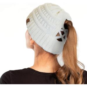 imageCC Exclusives Soft Stretch Cable Knit Messy Bun Ponytail Beanie Winter Hat for Women MB20A0 Crisscross Ivory