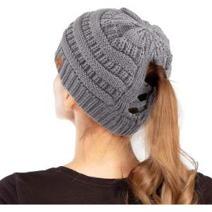 imageCC Exclusives Soft Stretch Cable Knit Messy Bun Ponytail Beanie Winter Hat for Women MB20A0 Crisscross Lt Mel Grey
