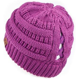 imageCC Exclusives Soft Stretch Cable Knit Messy Bun Ponytail Beanie Winter Hat for Women MB20A0 Crisscross Magenta Purple