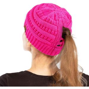 imageCC Exclusives Soft Stretch Cable Knit Messy Bun Ponytail Beanie Winter Hat for Women MB20A0 Crisscross Neon Hot Pink