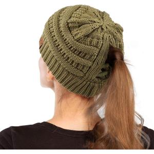 imageCC Exclusives Soft Stretch Cable Knit Messy Bun Ponytail Beanie Winter Hat for Women MB20A0 Crisscross Olive