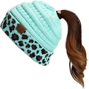 imageCC Exclusives Soft Stretch Cable Knit Messy Bun Ponytail Beanie Winter Hat for Women MB20A1 Leopard Mint