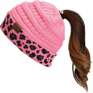 imageCC Exclusives Soft Stretch Cable Knit Messy Bun Ponytail Beanie Winter Hat for Women MB20A1 Leopard New Candy Pink