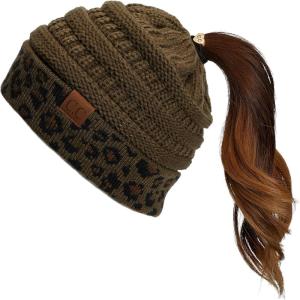 imageCC Exclusives Soft Stretch Cable Knit Messy Bun Ponytail Beanie Winter Hat for Women MB20A1 Leopard New Olive