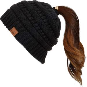 imageCC Exclusives Soft Stretch Cable Knit Messy Bun Ponytail Beanie Winter Hat for Women MB20ABlack