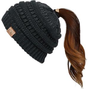 imageCC Exclusives Soft Stretch Cable Knit Messy Bun Ponytail Beanie Winter Hat for Women MB20ABlack Metallic
