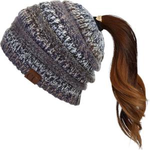 imageCC Exclusives Soft Stretch Cable Knit Messy Bun Ponytail Beanie Winter Hat for Women MB20ABlack Mix
