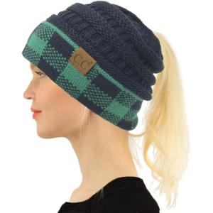 imageCC Exclusives Soft Stretch Cable Knit Messy Bun Ponytail Beanie Winter Hat for Women MB20ABuffalo Plaid Hunter GreenNavy