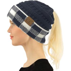 imageCC Exclusives Soft Stretch Cable Knit Messy Bun Ponytail Beanie Winter Hat for Women MB20ABuffalo Plaid NavyWhite