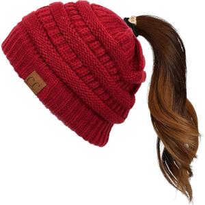 imageCC Exclusives Soft Stretch Cable Knit Messy Bun Ponytail Beanie Winter Hat for Women MB20ABurgundy