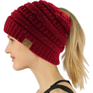 imageCC Exclusives Soft Stretch Cable Knit Messy Bun Ponytail Beanie Winter Hat for Women MB20AConfetti Burgundy