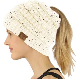 imageCC Exclusives Soft Stretch Cable Knit Messy Bun Ponytail Beanie Winter Hat for Women MB20AConfetti Ivory