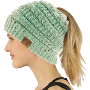 imageCC Exclusives Soft Stretch Cable Knit Messy Bun Ponytail Beanie Winter Hat for Women MB20AConfetti Mint