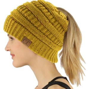 imageCC Exclusives Soft Stretch Cable Knit Messy Bun Ponytail Beanie Winter Hat for Women MB20AConfetti Mustard