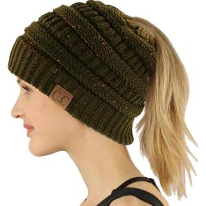imageCC Exclusives Soft Stretch Cable Knit Messy Bun Ponytail Beanie Winter Hat for Women MB20AConfetti New Olive