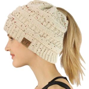 imageCC Exclusives Soft Stretch Cable Knit Messy Bun Ponytail Beanie Winter Hat for Women MB20AConfetti Oatmeal