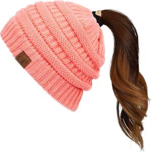 imageCC Exclusives Soft Stretch Cable Knit Messy Bun Ponytail Beanie Winter Hat for Women MB20ACoral