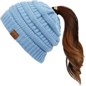 imageCC Exclusives Soft Stretch Cable Knit Messy Bun Ponytail Beanie Winter Hat for Women MB20ADenim