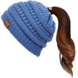 imageCC Exclusives Soft Stretch Cable Knit Messy Bun Ponytail Beanie Winter Hat for Women MB20ADkdenim