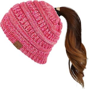 imageCC Exclusives Soft Stretch Cable Knit Messy Bun Ponytail Beanie Winter Hat for Women MB20AHot Pink Multi10