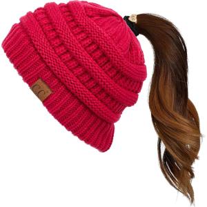 imageCC Exclusives Soft Stretch Cable Knit Messy Bun Ponytail Beanie Winter Hat for Women MB20AHotpink