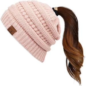 imageCC Exclusives Soft Stretch Cable Knit Messy Bun Ponytail Beanie Winter Hat for Women MB20AIndi Pink