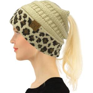 imageCC Exclusives Soft Stretch Cable Knit Messy Bun Ponytail Beanie Winter Hat for Women MB20ALeopard Beige