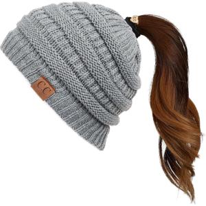imageCC Exclusives Soft Stretch Cable Knit Messy Bun Ponytail Beanie Winter Hat for Women MB20ALight Melange Grey