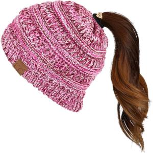 imageCC Exclusives Soft Stretch Cable Knit Messy Bun Ponytail Beanie Winter Hat for Women MB20AMagenta Multi1