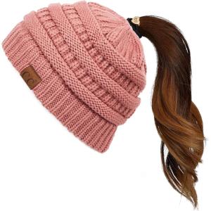 imageCC Exclusives Soft Stretch Cable Knit Messy Bun Ponytail Beanie Winter Hat for Women MB20AMauve
