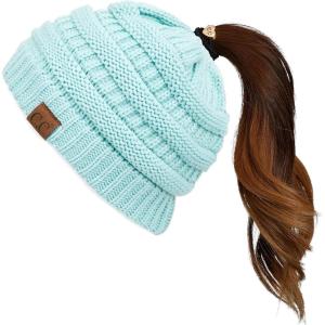 imageCC Exclusives Soft Stretch Cable Knit Messy Bun Ponytail Beanie Winter Hat for Women MB20AMint