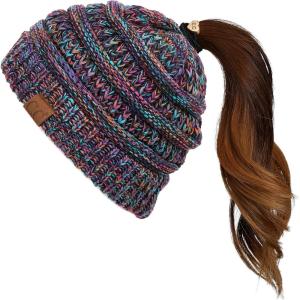 imageCC Exclusives Soft Stretch Cable Knit Messy Bun Ponytail Beanie Winter Hat for Women MB20AMulticolor