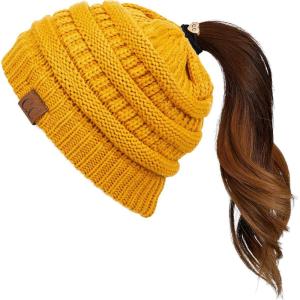 imageCC Exclusives Soft Stretch Cable Knit Messy Bun Ponytail Beanie Winter Hat for Women MB20AMustard