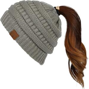 imageCC Exclusives Soft Stretch Cable Knit Messy Bun Ponytail Beanie Winter Hat for Women MB20ANatural Grey