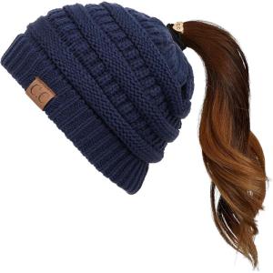 imageCC Exclusives Soft Stretch Cable Knit Messy Bun Ponytail Beanie Winter Hat for Women MB20ANavy