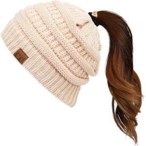 imageCC Exclusives Soft Stretch Cable Knit Messy Bun Ponytail Beanie Winter Hat for Women MB20ANewbeige