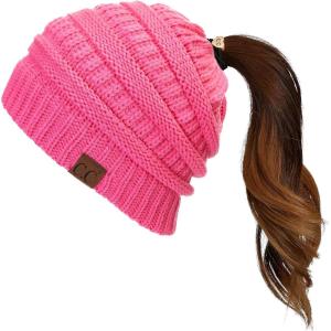 imageCC Exclusives Soft Stretch Cable Knit Messy Bun Ponytail Beanie Winter Hat for Women MB20ANewcandypink