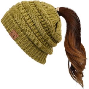 imageCC Exclusives Soft Stretch Cable Knit Messy Bun Ponytail Beanie Winter Hat for Women MB20AOlive